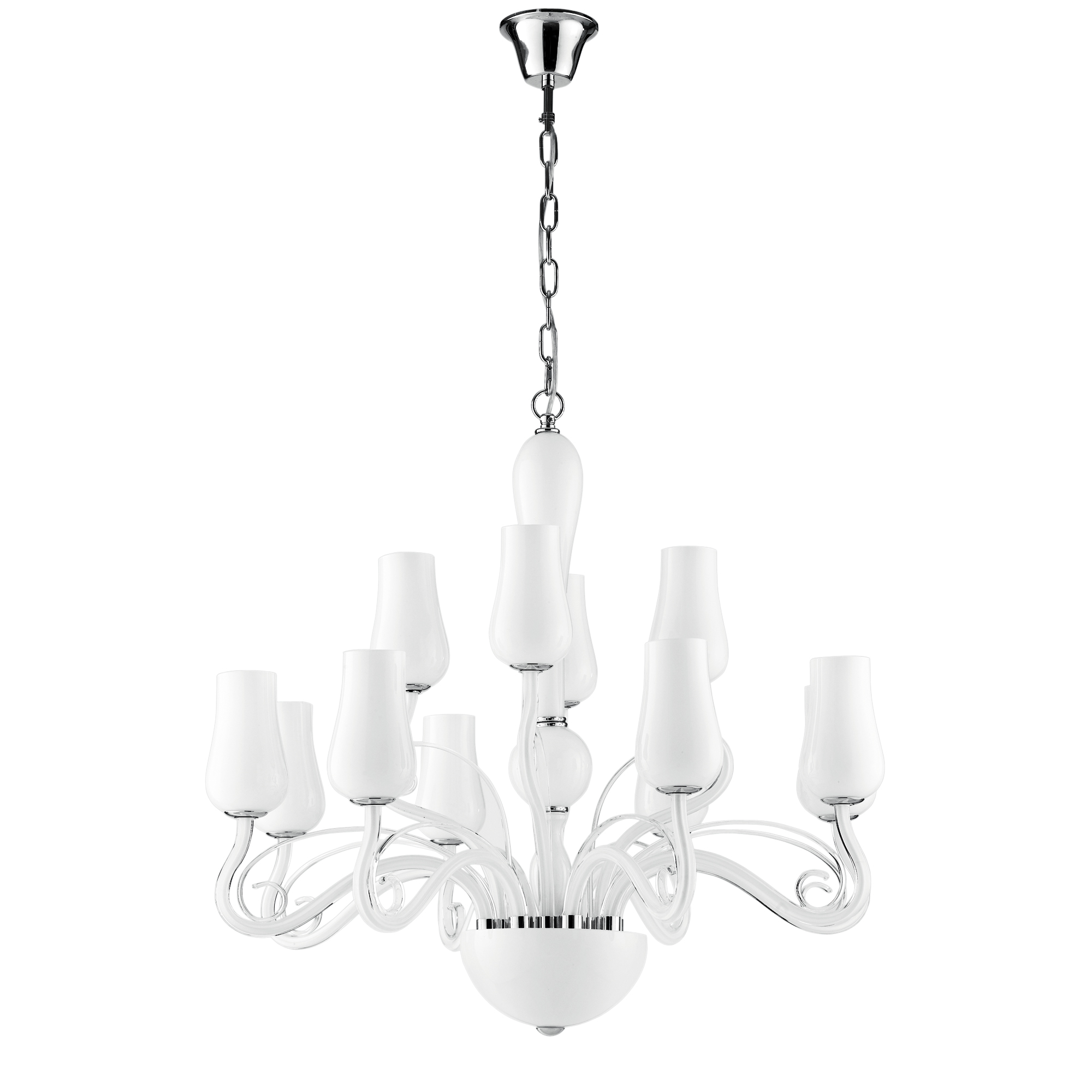 ANGEL pendant light in white glass with twelve lights and chrome and transparent details - Luce Ambiente e Design
