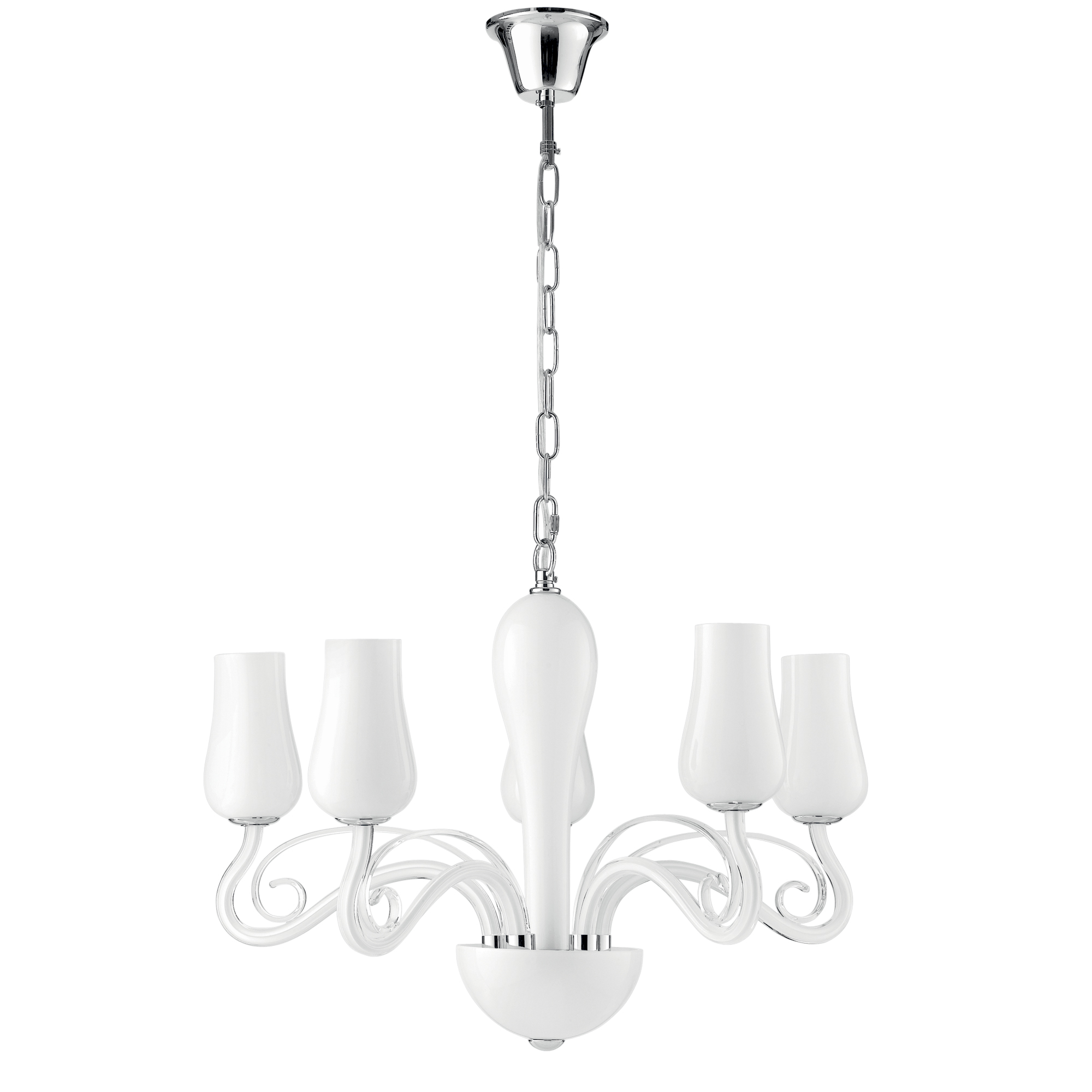 ANGEL pendant light in white glass with five lights and chrome and transparent details - Luce Ambiente e Design