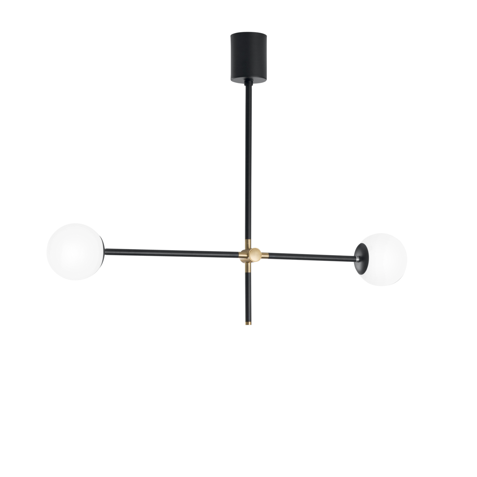 ANTITESI pendant light with adjustable black and gold metal arms and two white glass diffusers - Luce Ambiente e Design