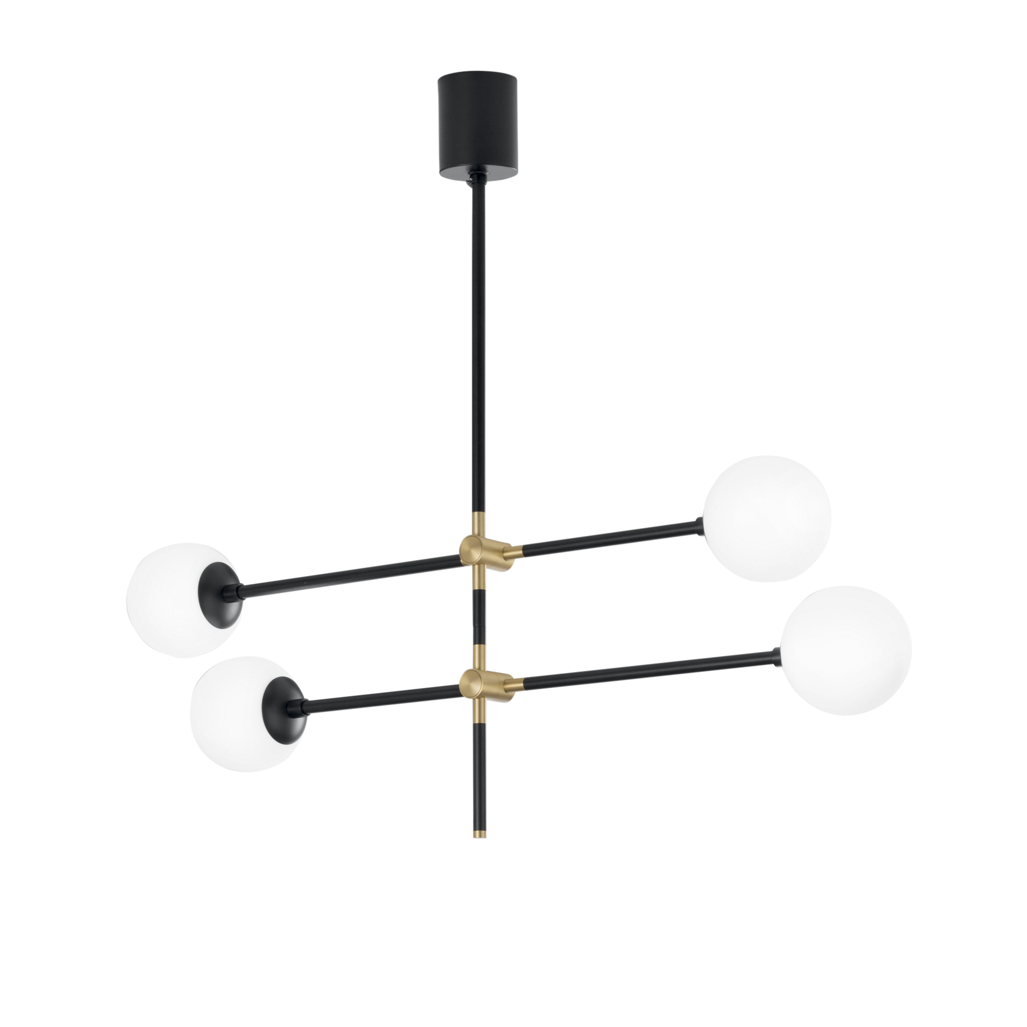 ANTITESI pendant light with adjustable black and gold metal arms and four white glass diffusers - Luce Ambiente e Design