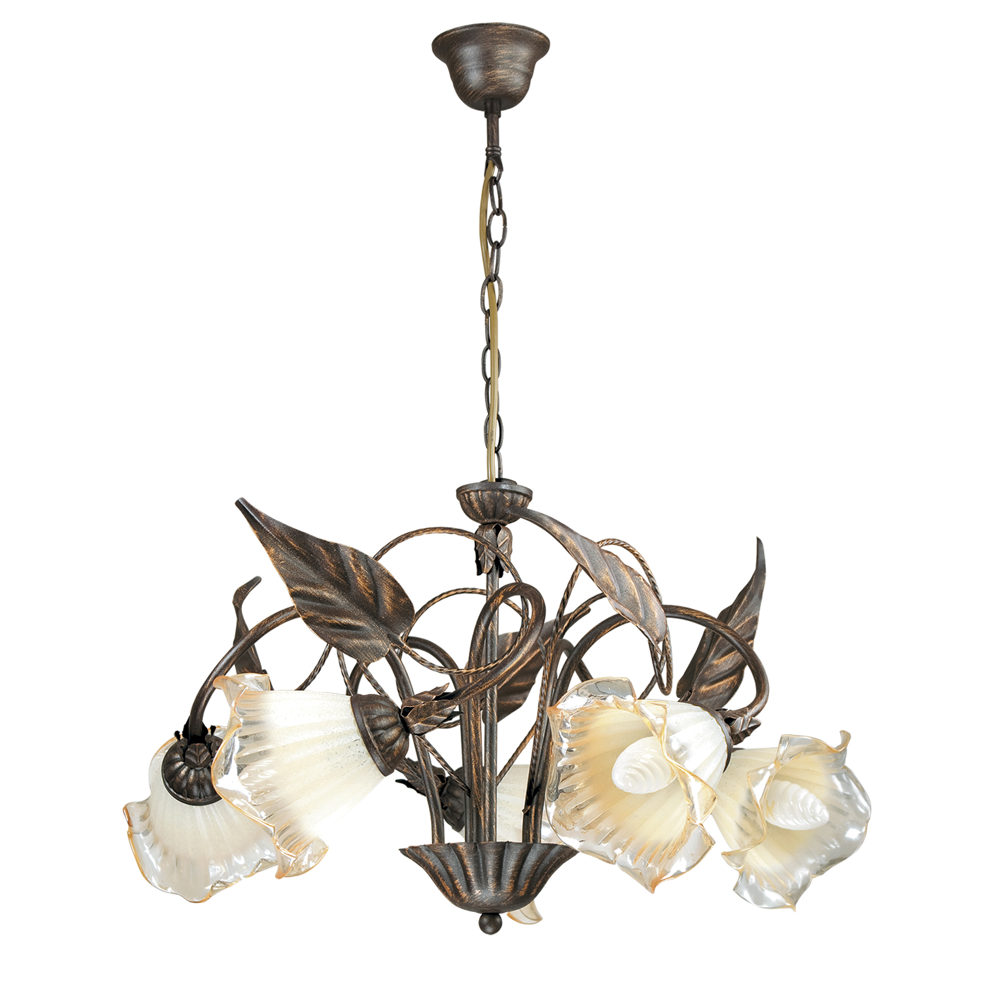 AUTUNNO pendant in brown metal with leaf decoration and 5 glass diffusers - Luce Ambiente e Design
