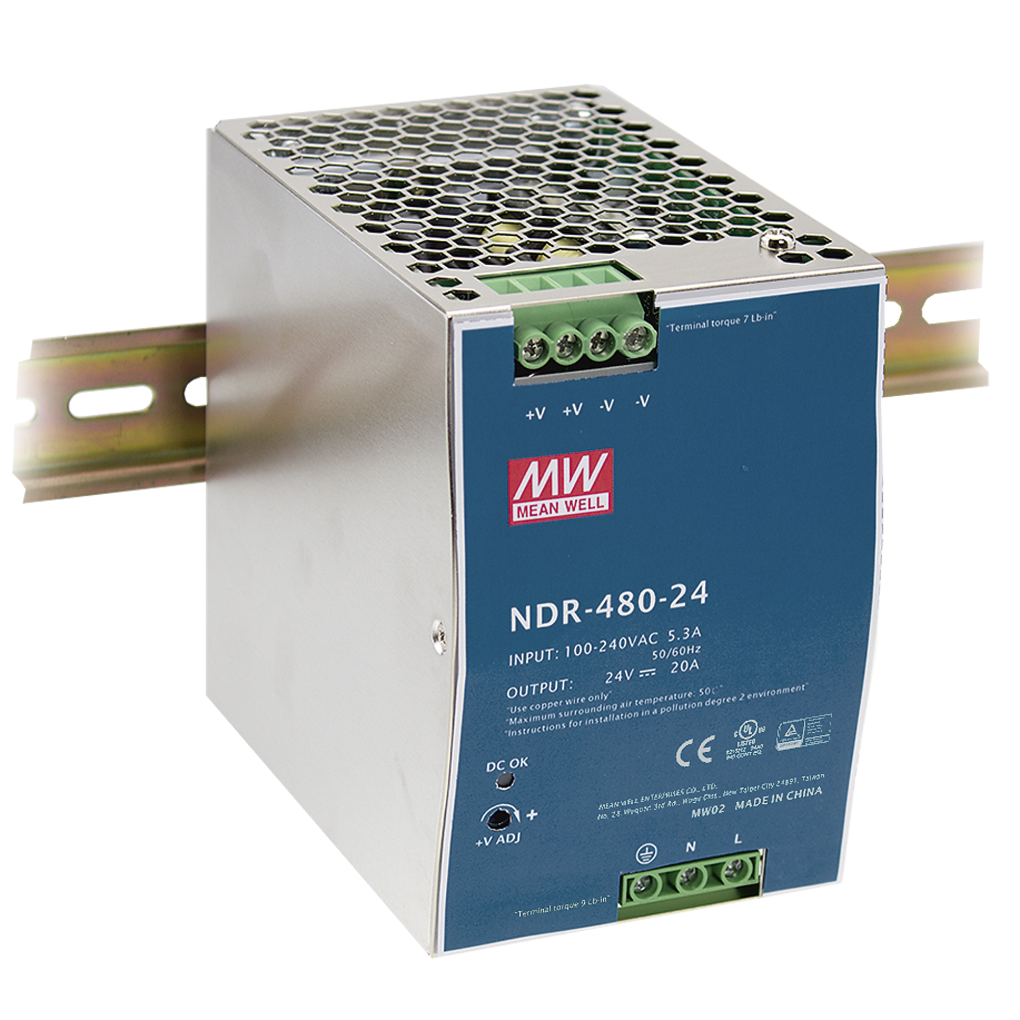 INDUSTRIAL DIN RAIL DRIVER SINGLE OUTPUT 24V 480W 20A INPUT AC90-264V DC127-370V - Intec