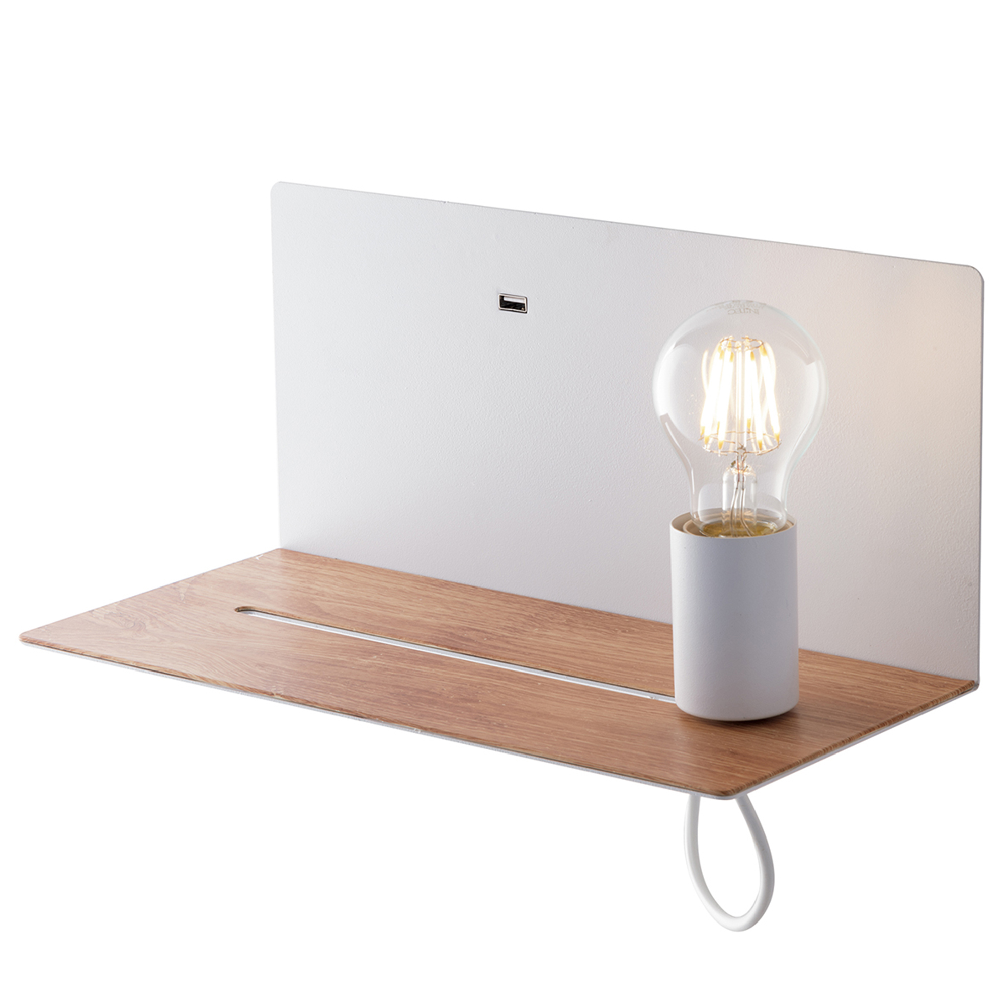 FLASH wall light in white metal on wooden shelf with USB port and movable light point - Luce Ambiente e Design