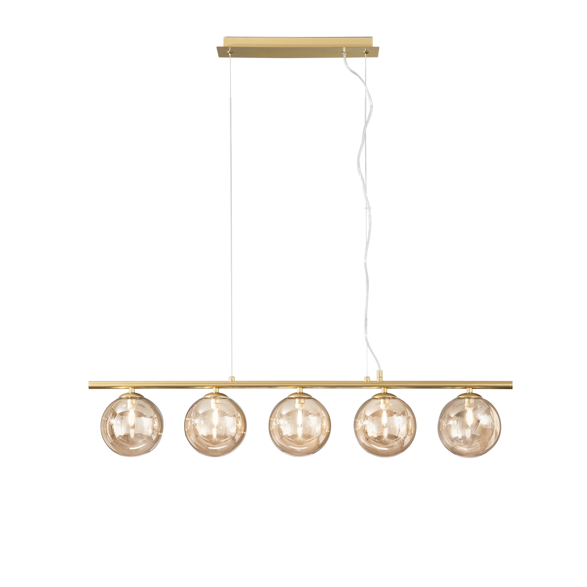 HONEY linear pendant in brass metal with five champagne glass diffusers - Luce Ambiente e Design