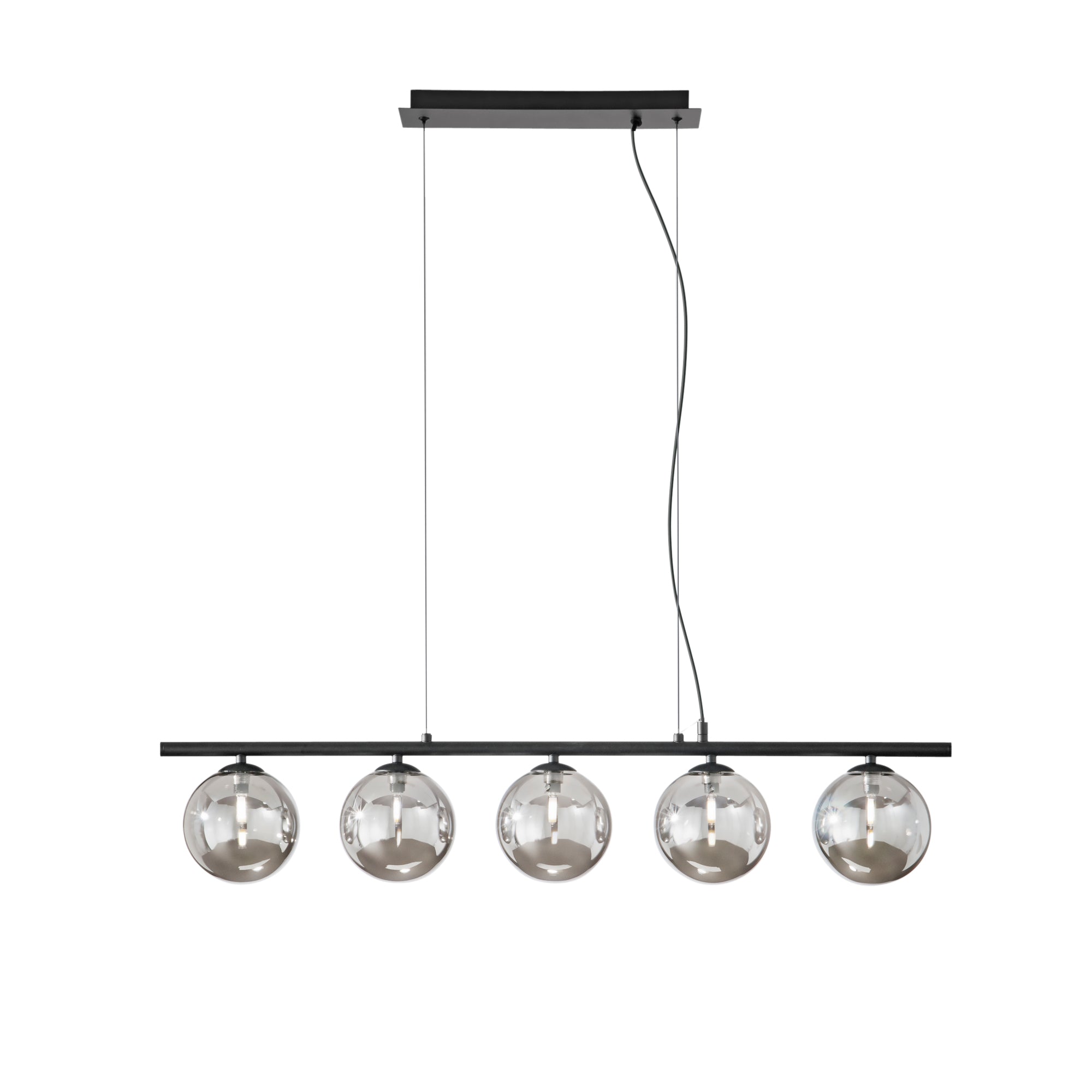 HONEY linear pendant in black metal with five smoked glass diffusers - Luce Ambiente e Design