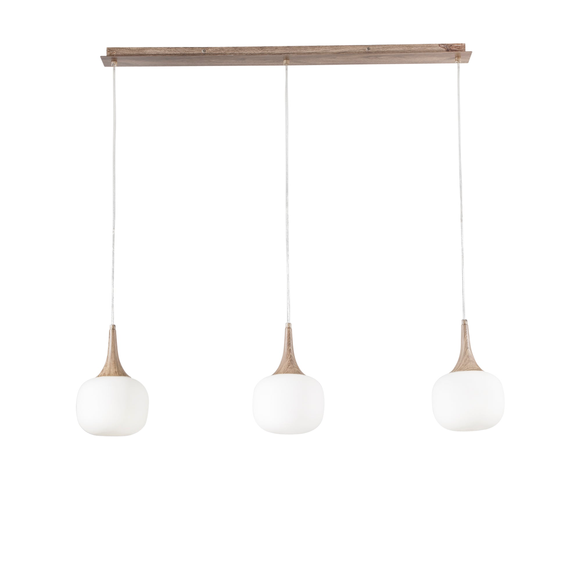 JAIPUR linear pendant in wood-effect metal with three white glass diffusers - Luce Ambiente e Design