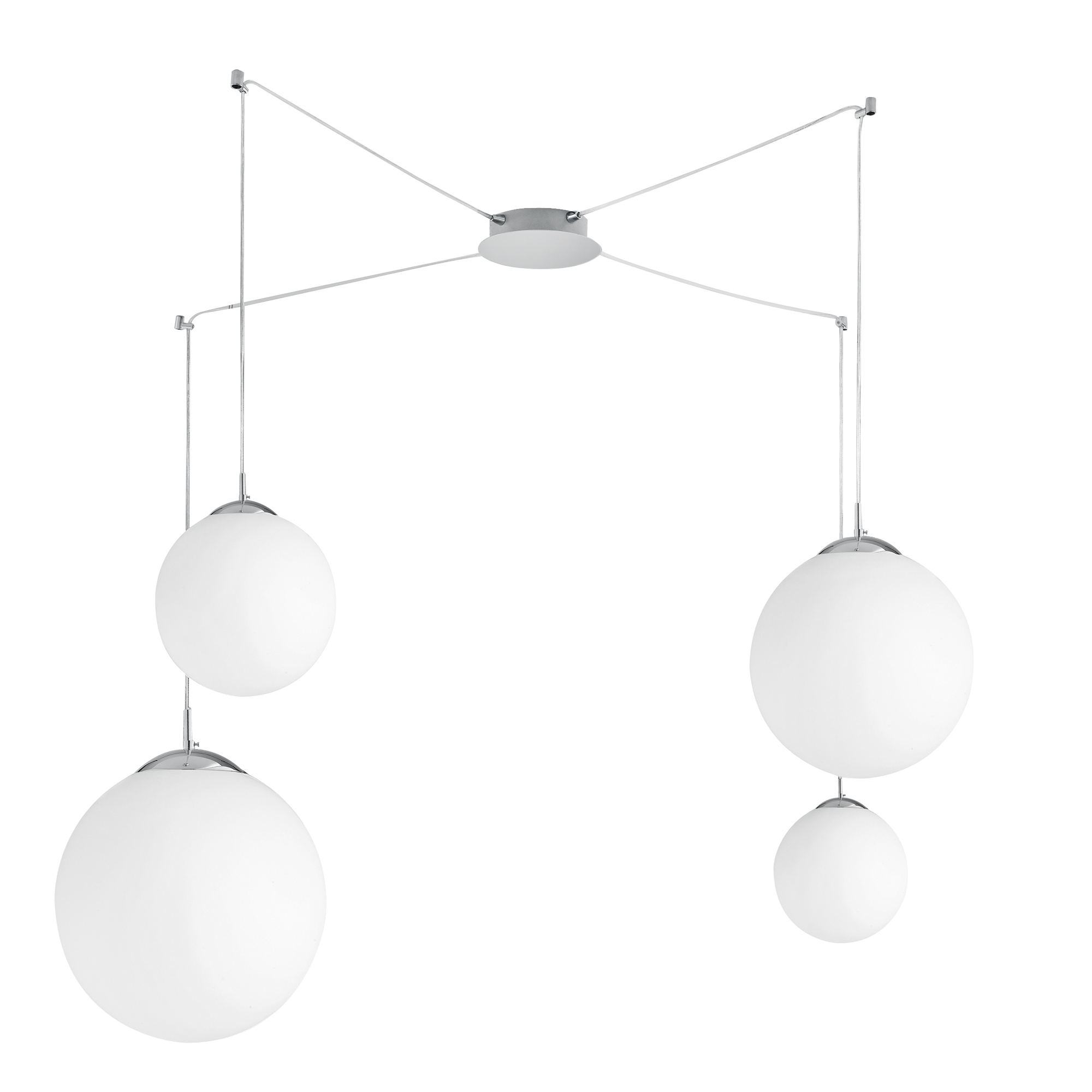 CITY pendant light in chrome metal with four white glass pendants - Luce Ambiente e Design