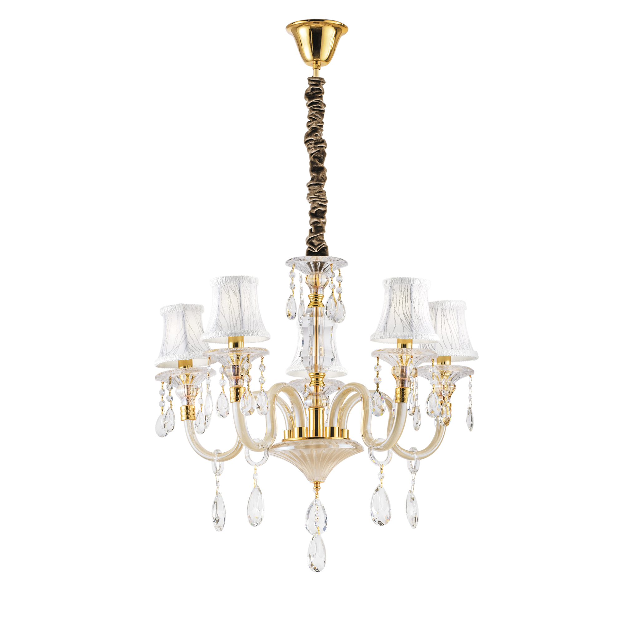 MONET chandelier in glass and gold crystal with 5 fabric shades - Luce Ambiente e Design