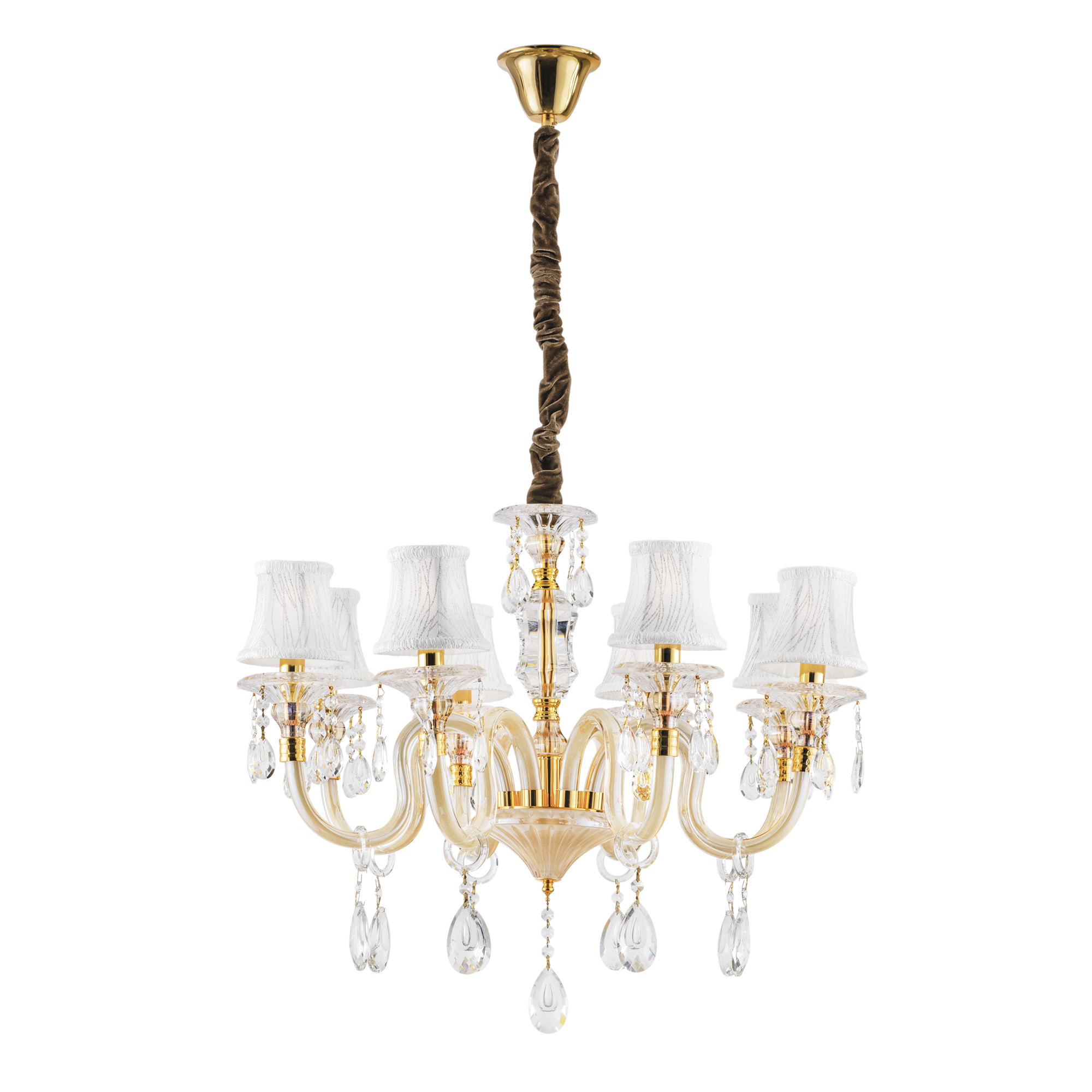 MONET chandelier in glass and gold crystal with 8 fabric shades - Luce Ambiente e Design