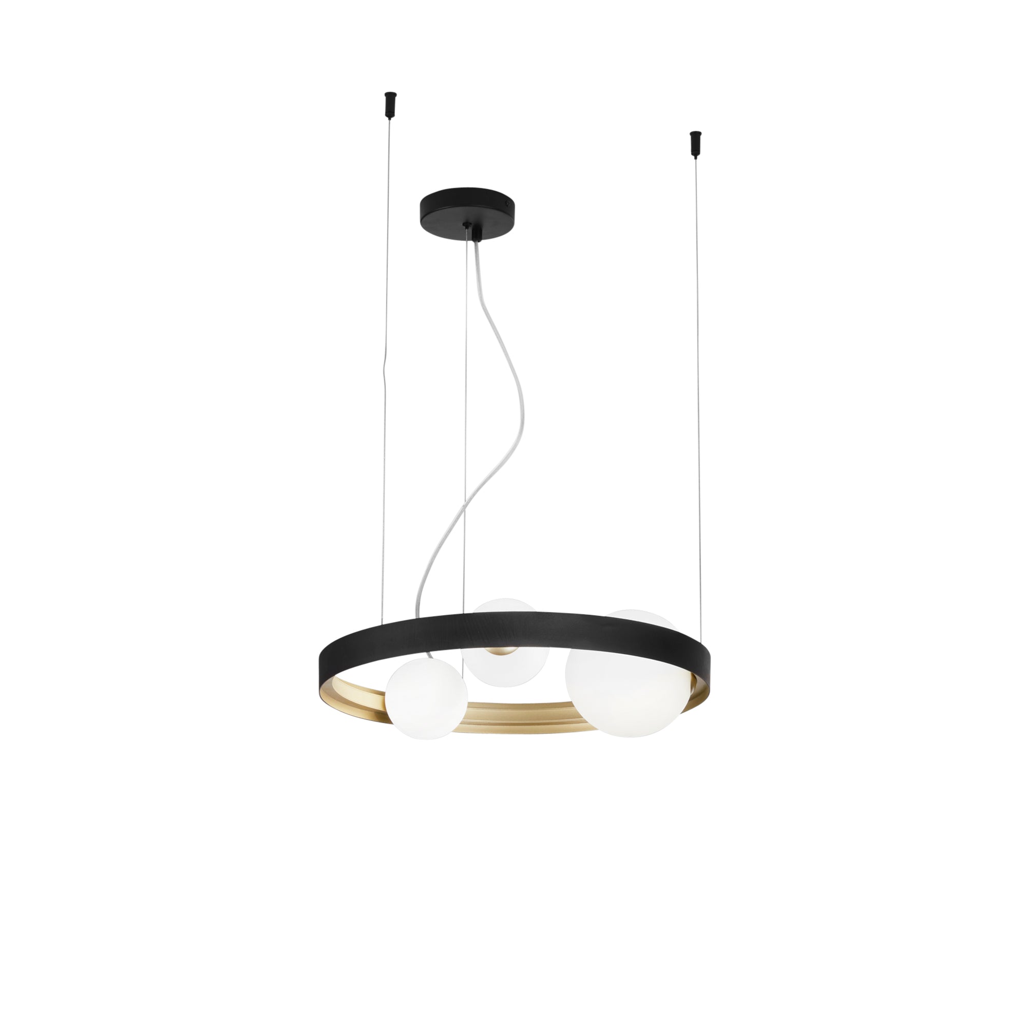 SONETTO pendant with black and gold aluminium structure with 3 glass diffusers - Luce Ambiente e Design