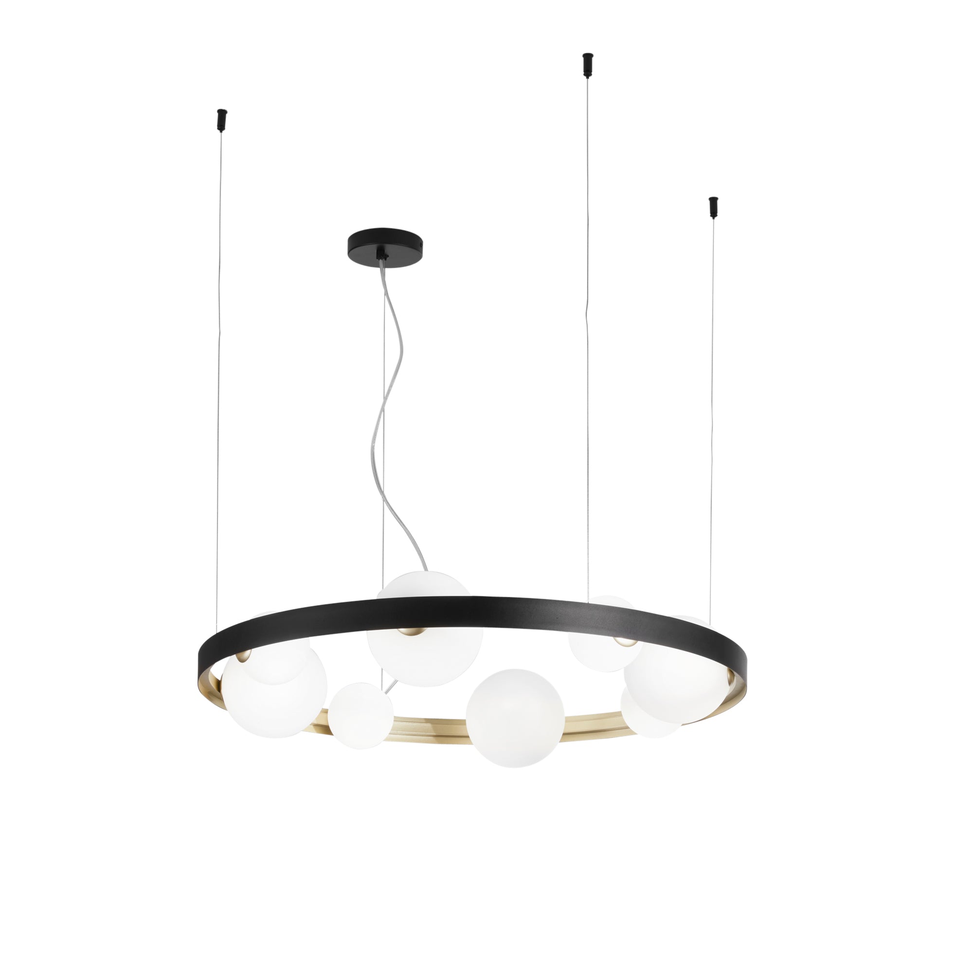 SONETTO pendant with black and gold aluminium structure with 8 glass diffusers - Luce Ambiente e Design