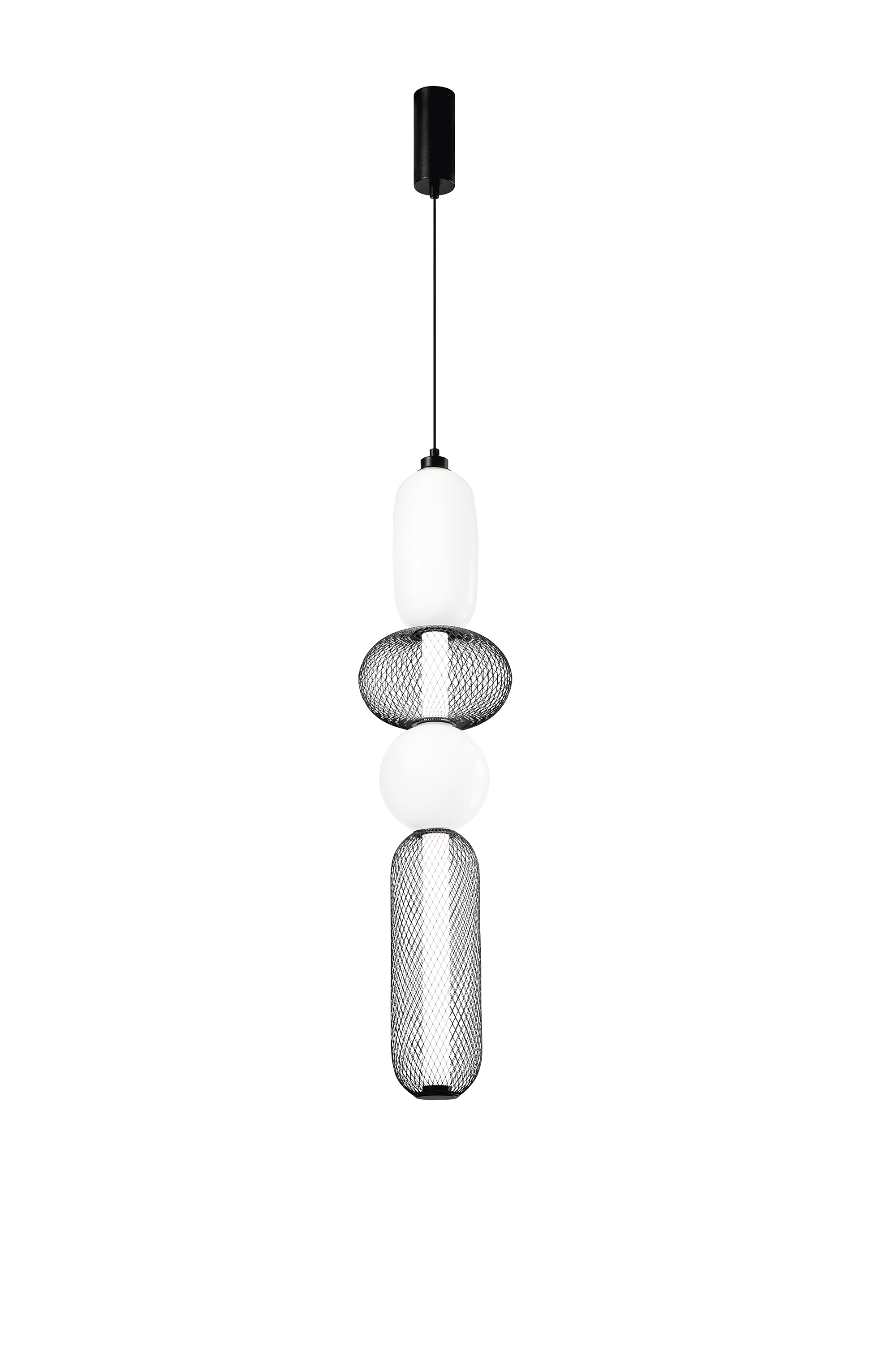 INKAS pendant light with 2 blown glass elements and 2 black metal diffusers, CCT - Luce Ambiente e Design