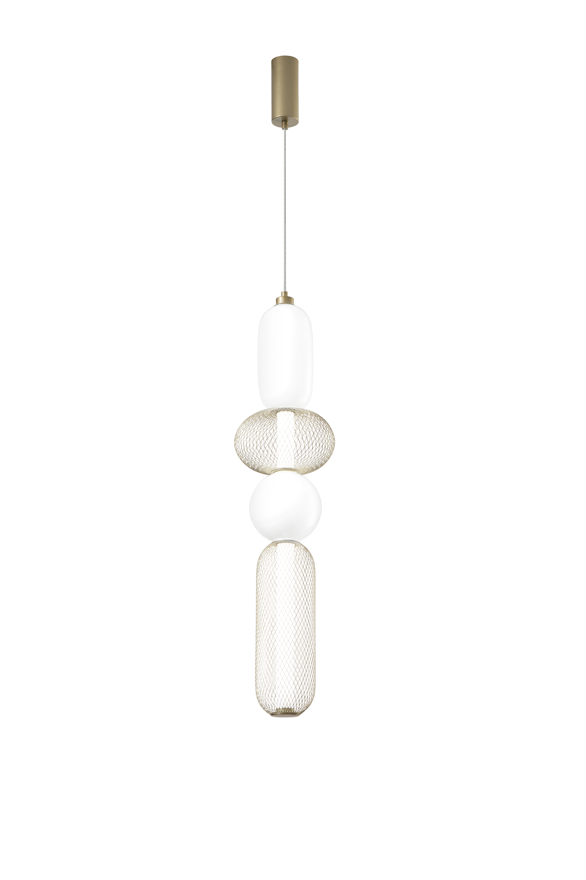 INKAS pendant light with 2 blown glass elements and 2 gold metal diffusers, CCT - Luce Ambiente e Design