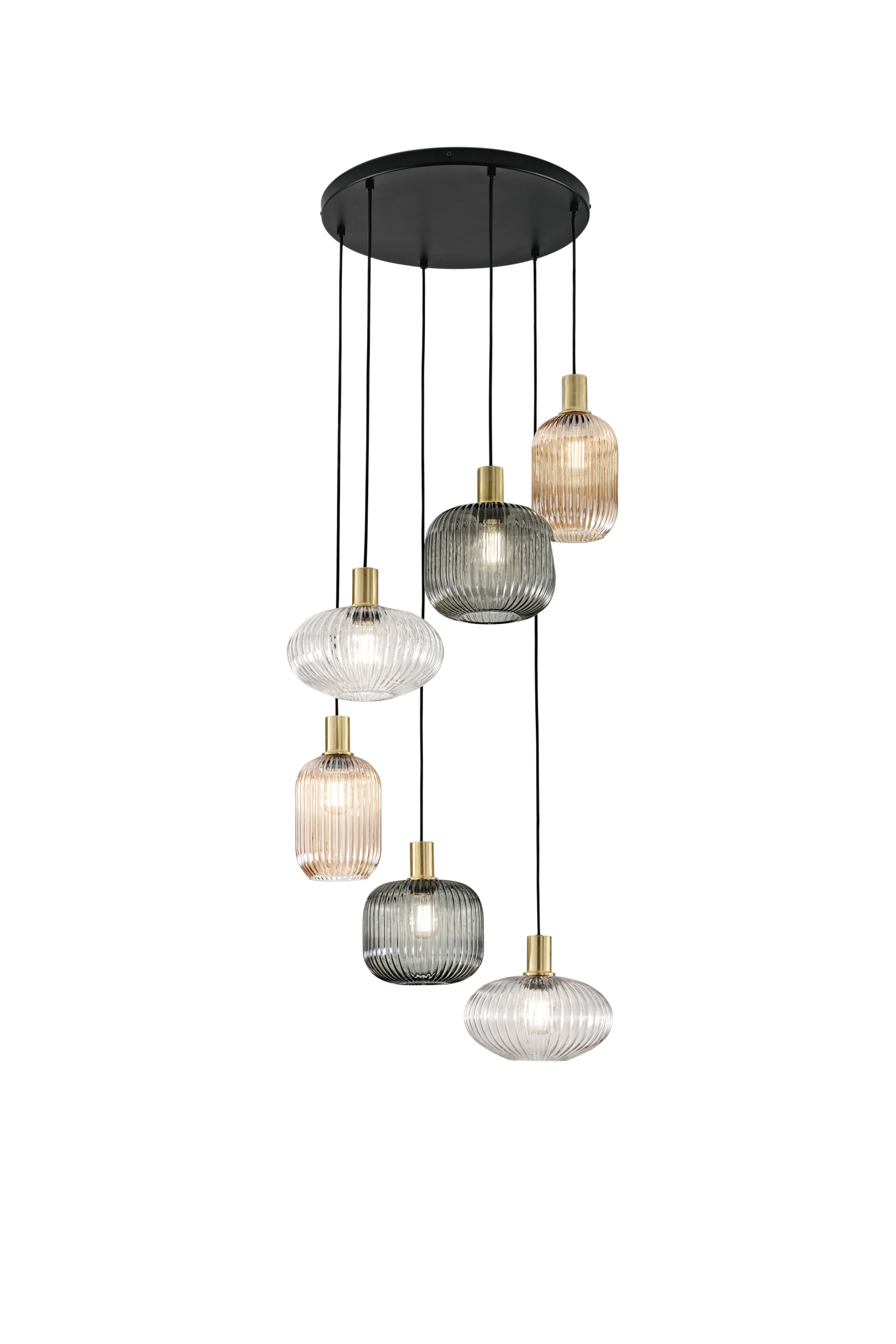 SOSPENSIONE EGADI NERO E SMOKE/AMBRA/TRASPARENTE IN METALLO E VETRO SEI PENDENTI E27 6X40W, MISURE LAMP. 2 PZ. Dia14XH20CM, 2 PZ. Dia20XH18CM, 2 PZ. Dia25XH15CM, MISURE STRUTT. 45X45X320CM - Luce Ambiente e Design