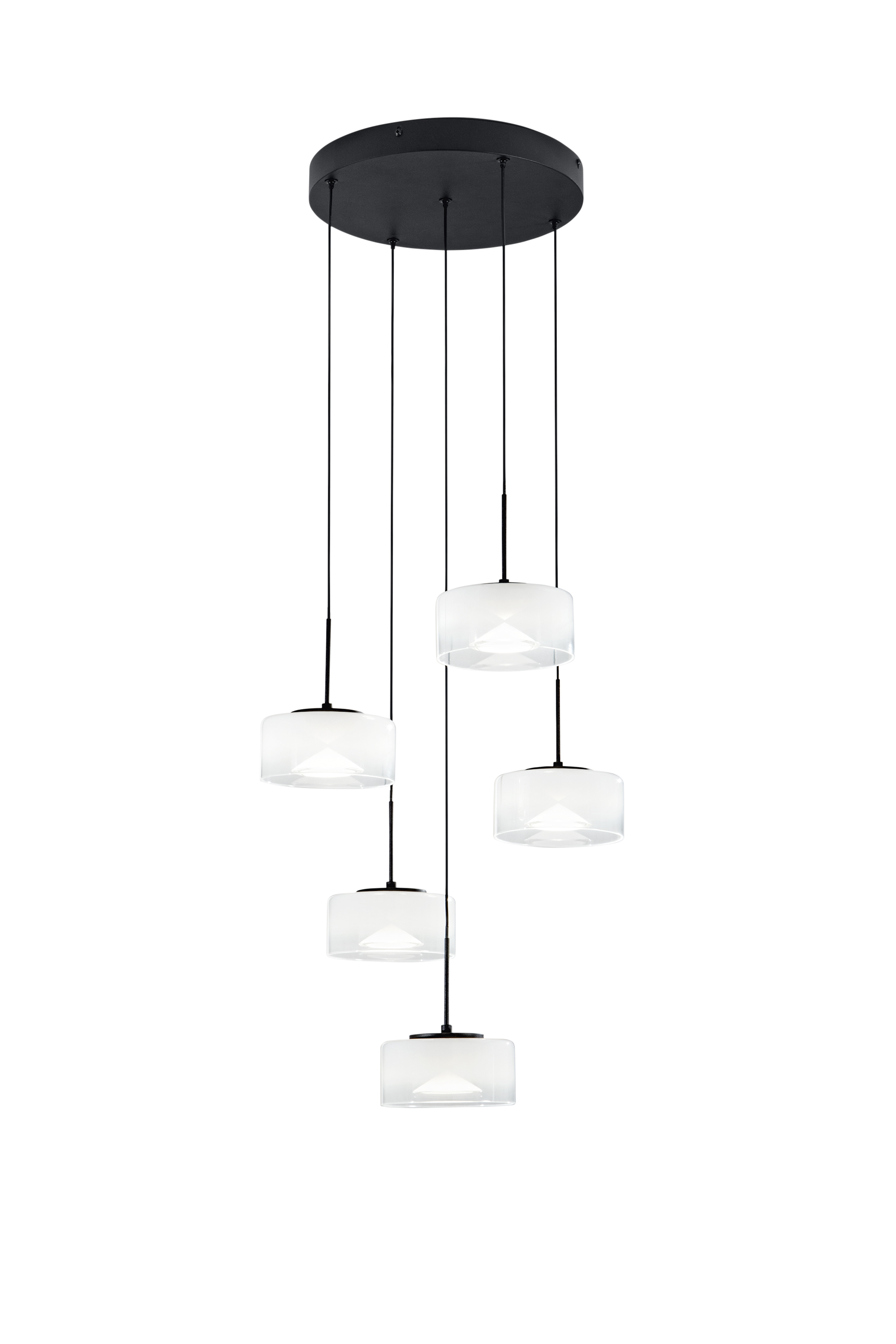 SOSPENSIONE LED EMILY BIANCA CINQUE PENDENTI IN VETRO+METALLO 40W CCT 2700/3200/4000K D44X150CM - Luce Ambiente e Design